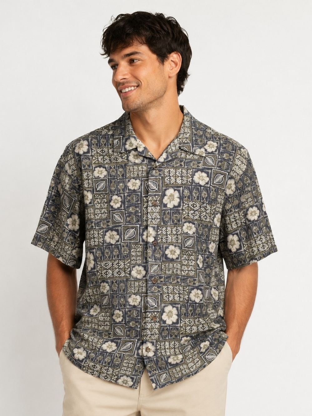 WOOLRICH Vtg Men's Camp Shirt Geometric Floral Print XL Olive/Cream/Blue Retro